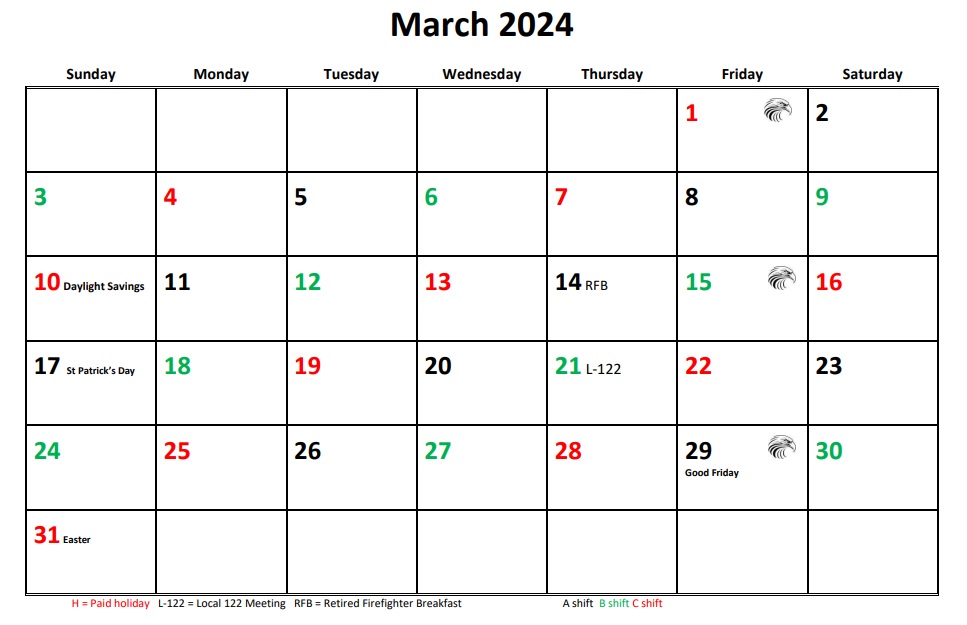 JFRD 56 Hour Firefighter Shift Calendar 2024